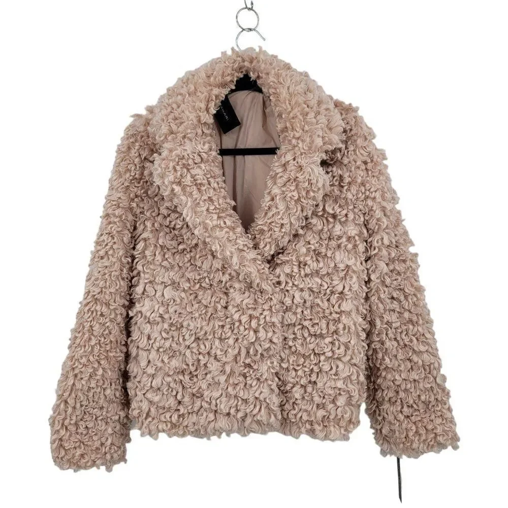Tahari‎ Teddy Coat M Pink Vegan Faux Fur Curly Textured Jacket Barbiecore Comfy